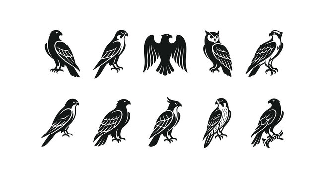 Collection of birds of prey silhouette icons with silhouette vector
