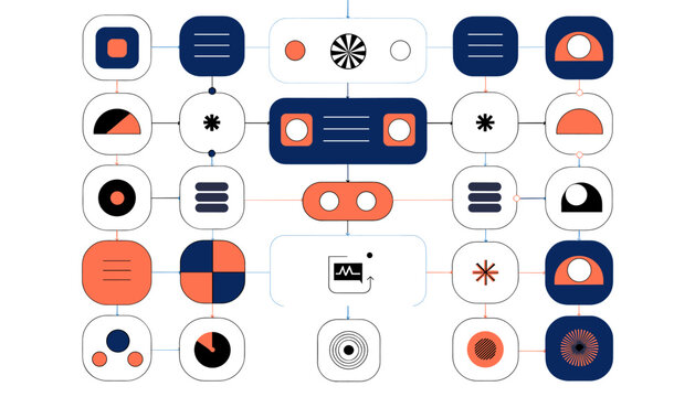 A minimalist graphic illustration of a vertical process flow with colorful geometric shapes, ideal for business presentations.