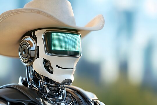 A detailed full body shot of a robot in cowboy attire, featuring a beige hat, a square screen head with a smiley face