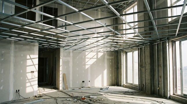 Interior construction site with exposed ceiling grid and drywall