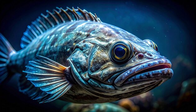 Close-up portrait of a coelacanth fish in deep blue water