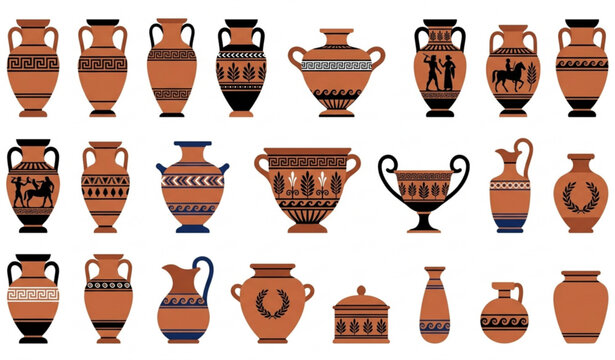 Minimal ancient Greek pottery icon set with amphora and ceramic vase vector illustrations