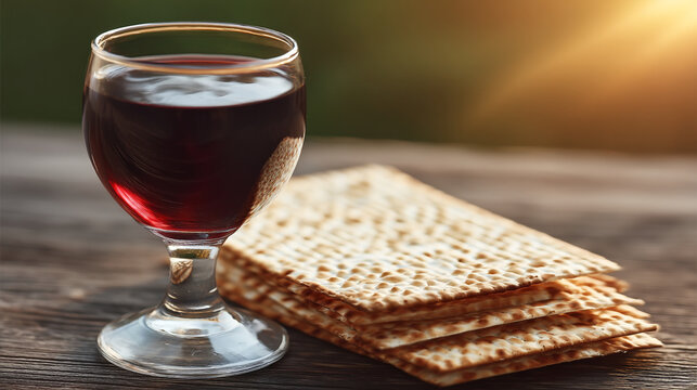 Glass of red wine and matzah bread on a rustic wooden table outdoors with religious, passover