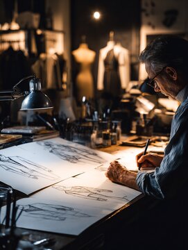 Experienced male tailor sketching men's suit designs in traditional clothing workshop
