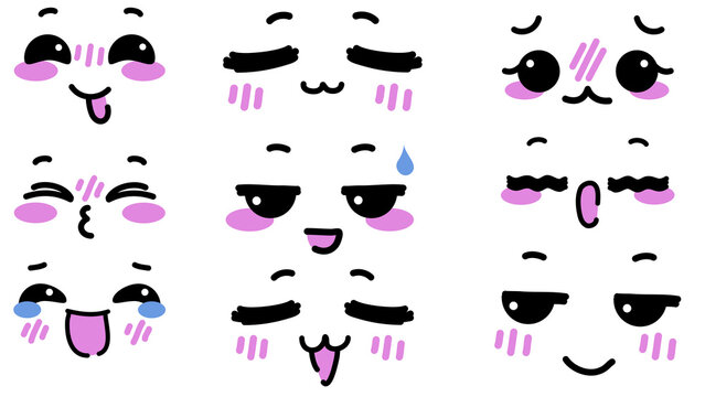 Set of Cute Kawaii Facial Expressions and Anime Style Emoji Icons for Character Design and Stickers