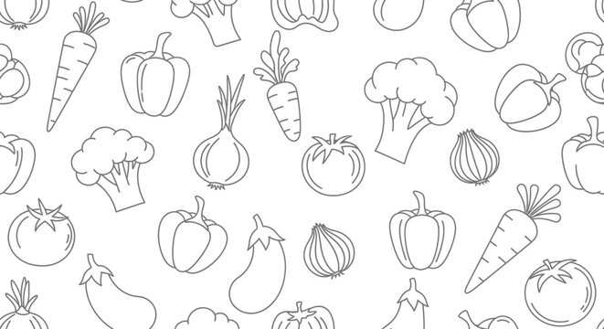 Seamless pattern of vegetables in outline style on a white background.
