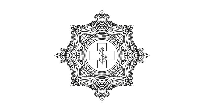 Ornate vintage emblem featuring a medical cross and dollar sign in a filigree frame.