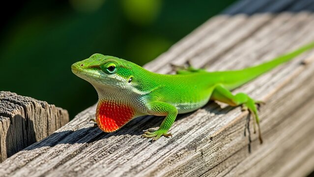 Green lizard on wooden surface sunny.
