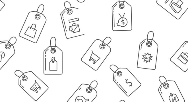 Seamless pattern of shopping and sale price tag line icons on white background.