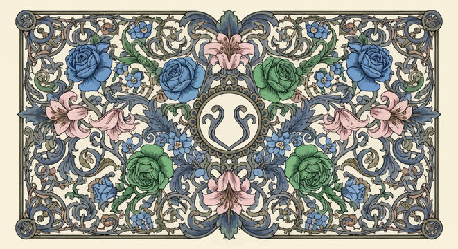 Ornate Art Nouveau floral pattern with roses and lilies.