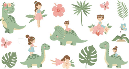 Obraz premium Whimsical illustration of girls with green dinosaurs and tropical plants and flowers