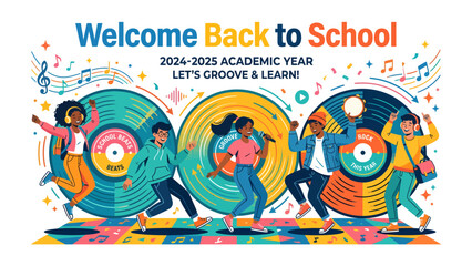 Back to School Groove: Students groove to music and learn with vibrant vinyl records as a backdrop, celebrating the 2024-2025 academic year in an explosion of color and rhythm.