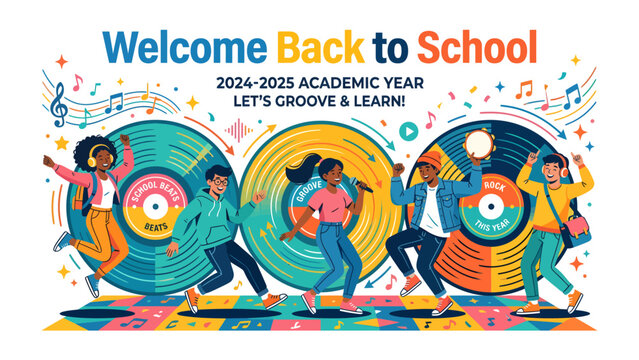 Back to School Groove: Students groove to music and learn with vibrant vinyl records as a backdrop, celebrating the 2024-2025 academic year in an explosion of color and rhythm.