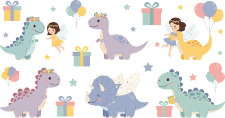 Fototapeta premium Children playing with colorful dinosaurs on a happy birthday party scene