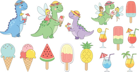 Fototapeta premium Colorful cartoon dinosaurs enjoying ice cream and cold summer treats