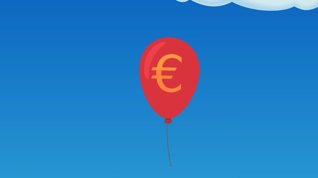 Animated red balloon with euro sign flying in the blue sky, symbolizing inflation, economic growth and financial markets. (loopable)