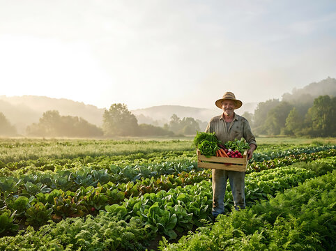 Smiling elderly farmer wearing a straw hat holds a wooden crate filled with fresh organic vegetables in a misty green field at sunrise