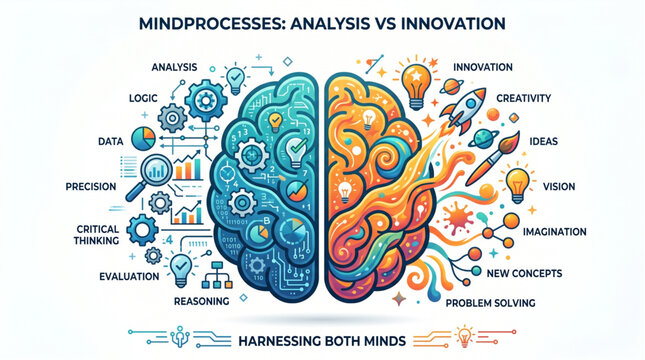 Brain divided into analysis and innovation sides with icons.