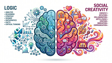 Brain divided into logic and creativity hemispheres with icons. © Rud