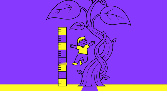 Happy child growing tall next to a giant beanstalk and a measuring ruler, symbolizing growth and development