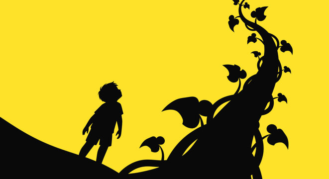 Silhouette of a young boy looking up at a giant beanstalk reaching into the sky, against a vibrant yellow background.