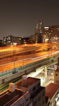Time lapse of elevated highway running through Tokyo Japan at night. Vertical Video.
