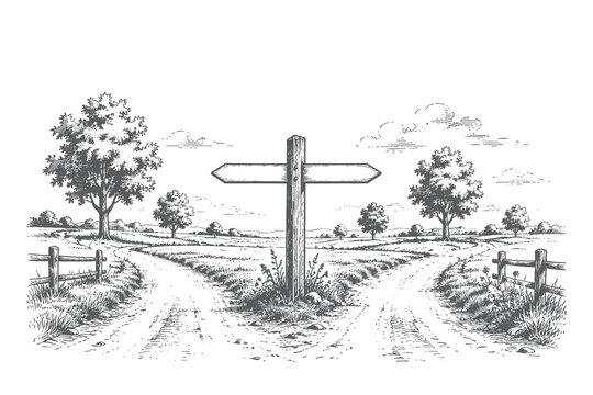 Vintage engraving style vector illustration of a rural landscape featuring a wooden signpost at a fork in the road showing two opposite directions
