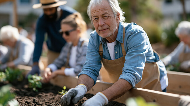Student mandatory volunteer group at a senior activity center assists elderly residents with adaptive gardening in raised planter beds, a physical therapist supervising safe techniques as the studen
