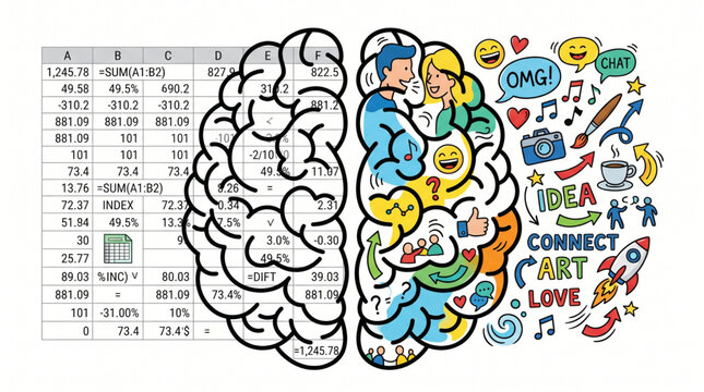 Brain divided into logical and creative hemispheres with icons.