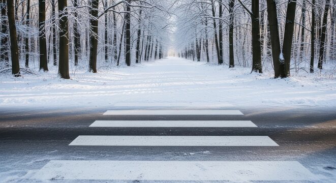 Winter forest path with a snowy pedestrian crossing