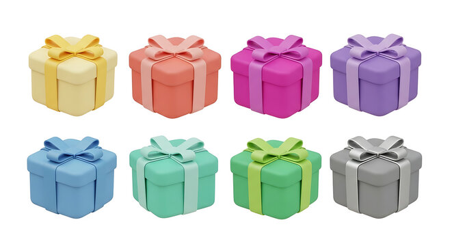 Collection of eight colorful gift boxes with ribbons and bows gift box gift giving celebration colorful birthday surprise greeting occasion assorted collection multiple decorative