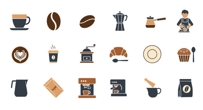Coffee Beans and Cups Icon Set.