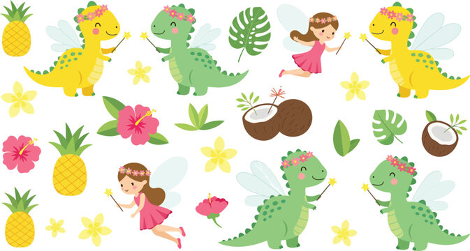 A group of cartoon dinosaurs and princesses with tropical fruits and flowers