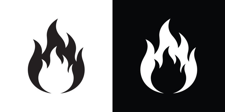 Minimalist fire flame vector icon set. Black and white campfire silhouettes isolated on contrasting backgrounds.
