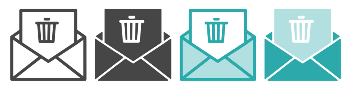 Envelope mail icon set with trash bin symbols for delete notification on transparent background