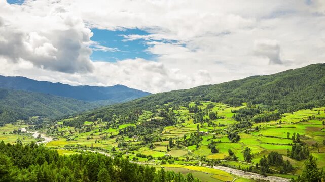 Time lapse of clouds moving over the rice paddies and the Tang Valley in Bhutan.