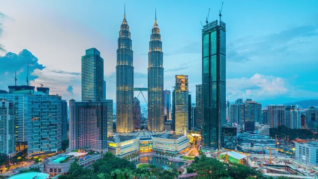 Time lapse of the skyline of Kuala Lumpur City Center in Malaysia at sunset.