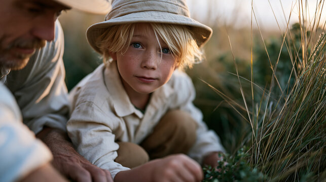 Child perspective wide eyes watching a conservation easement surveyor plant boundary marker in tall summer grass, adult hands driving stake while explaining land protection to curious eight-year-old