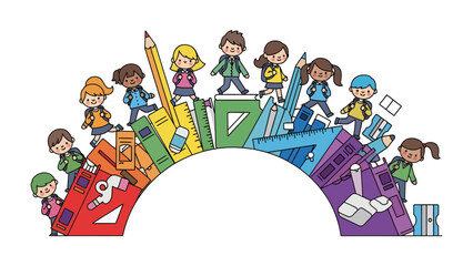 Colorful School Supplies and Happy Children: A vibrant arc of school supplies, including rulers, pencils, and books, forms a rainbow-like bridge for diverse, smiling children. © Mahbuba