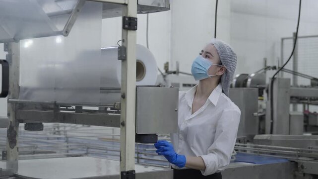 Food factory automated production line, factory worker mask and hairnet inspecting packaging machine, industrial production line, food factory worker operating packaging machine clean production line