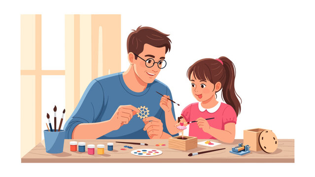 Father and Daughter Crafting Together: A smiling father and daughter sit at a table, happily engaged in a creative crafting project, painting small objects with colorful paints and brushes.