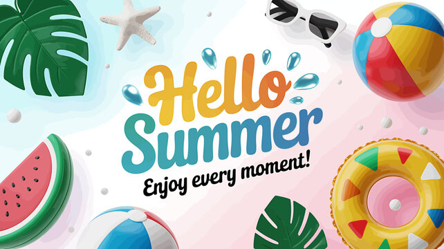 Colorful summer greeting card with beach and tropical elements design
