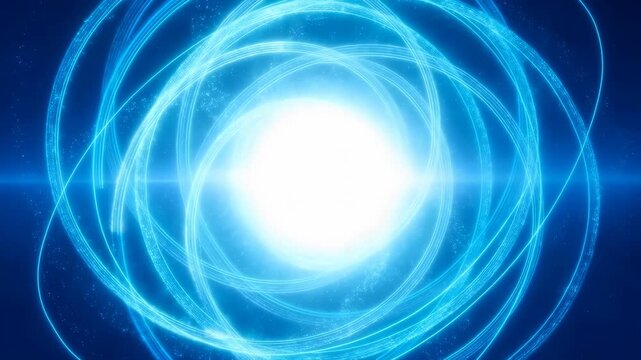Energy core futuristic glowing light sphere with swirling neon energy rings, sci-fi technology concept on dark background