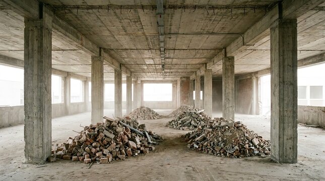 Unfinished concrete building interior with piles of debris