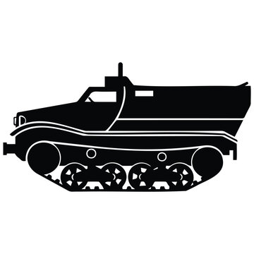 Half track military vehicle silhouette vector illustration vintage army transport illustration.