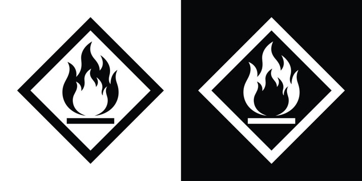 GHS flammable warning hazard symbol. Diamond shaped fire icon in black and white for laboratory and chemical safety.
