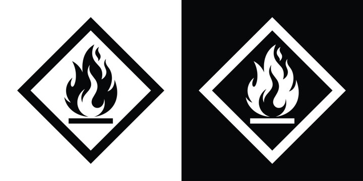 GHS flammable warning hazard symbol. Diamond shaped fire icon in black and white for laboratory and chemical safety.