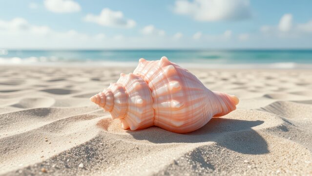 Pink Conch Shell Resting on Sandy Beach Near Ocean