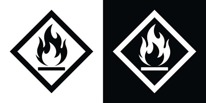 GHS flammable warning hazard symbol. Diamond shaped fire icon in black and white for laboratory and chemical safety.
