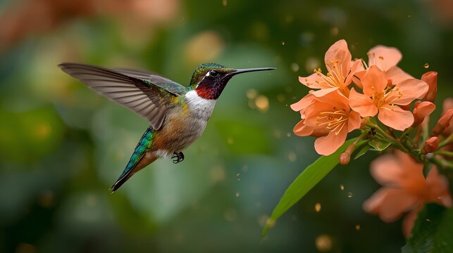 A vibrant hummingbird in mid-flight near a cluster of orange flowers